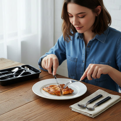 Wukusy 24-piece stainless steel kitchen cutlery set with plastic handles and tray, including knives, forks, spoons, and serving utensils.
