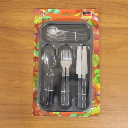 Wukusy 24-piece stainless steel cutlery set with plastic handles and tray, including knives, forks, and spoons for kitchen use.