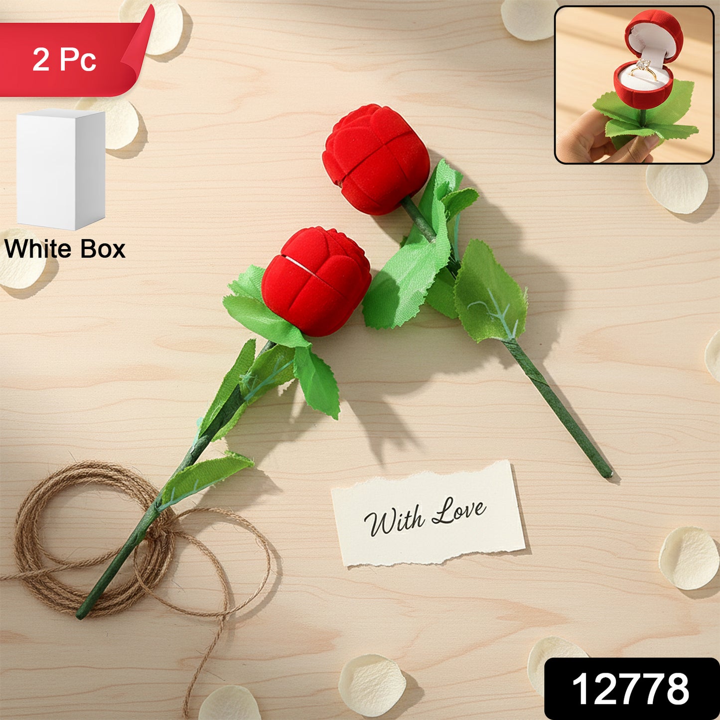 Romantic Artificial Rose Ring Box Stick  2 Piece Flower Shaped