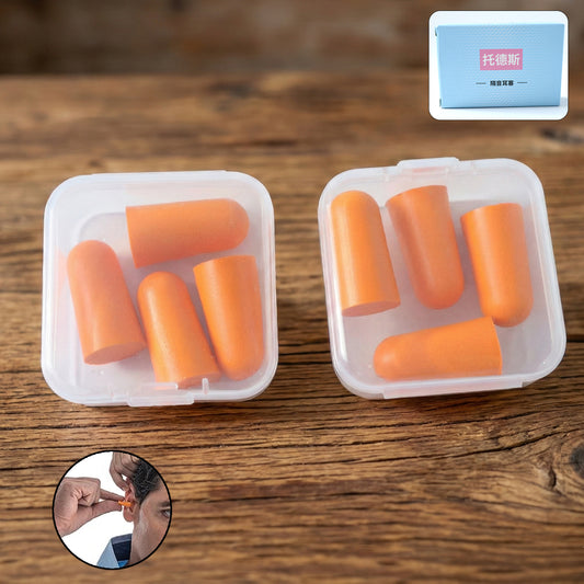 Wukusy soft foam noise reduction ear plugs with storage case, 4 pairs, designed for comfort and hearing protection.