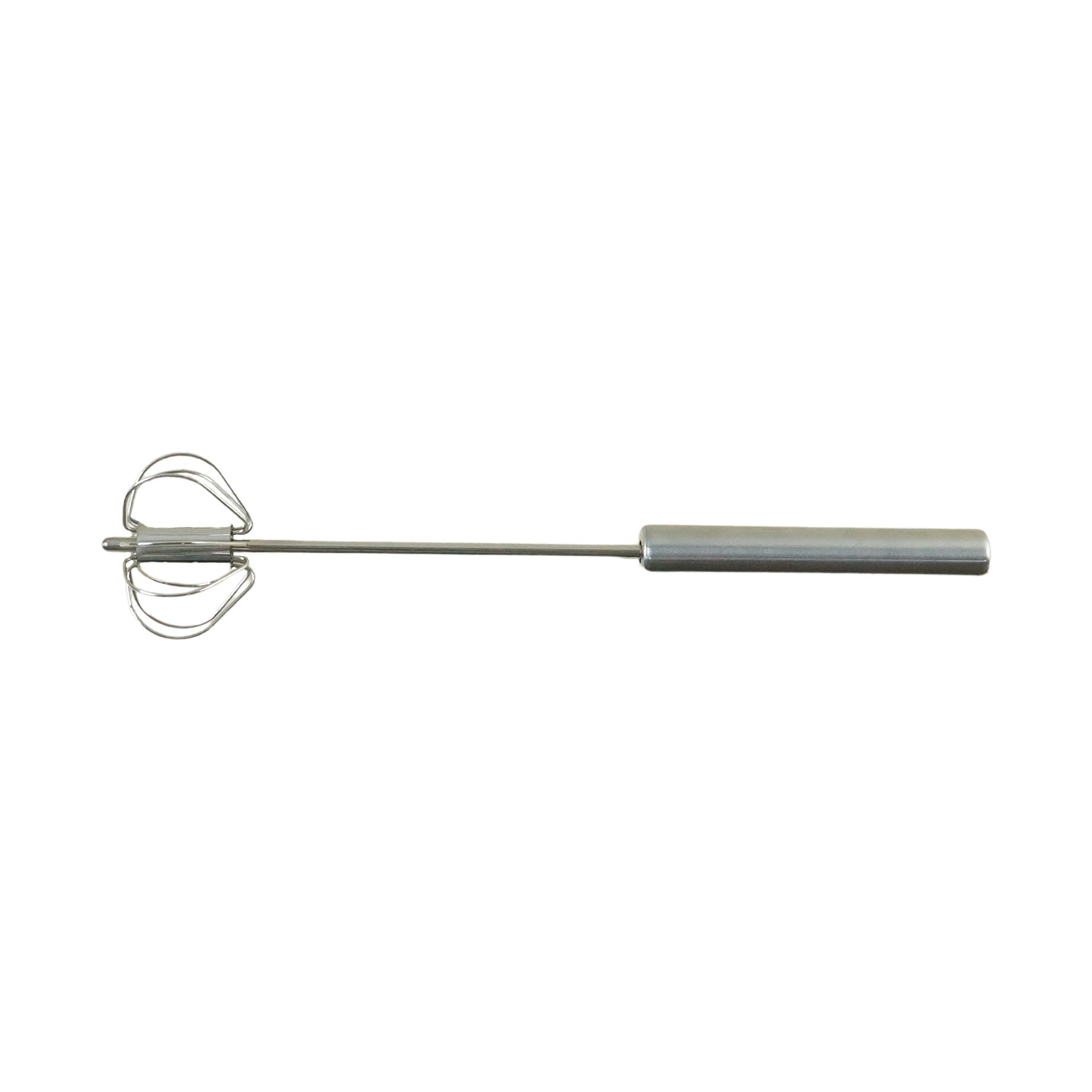 Stainless steel hand push rotary whisk by Wukusy, 29 cm, with a handle and rotating wires for mixing and whipping ingredients.