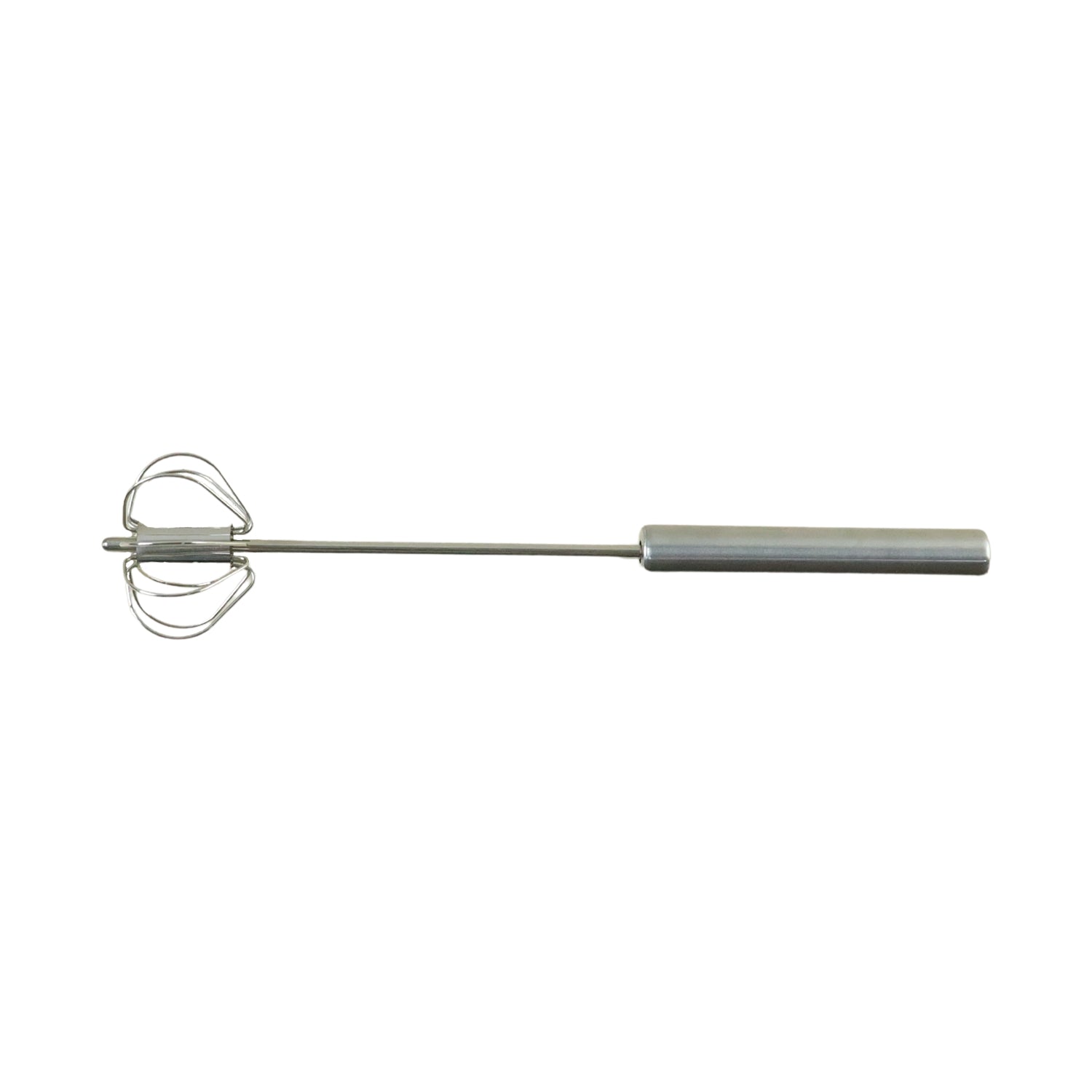 Stainless steel hand push rotary whisk by Wukusy, 29 cm, with a handle and rotating wires for mixing and whipping ingredients.