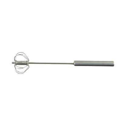 Stainless steel hand push rotary whisk by Wukusy, 29 cm, with a handle and rotating wires for mixing and whipping ingredients.