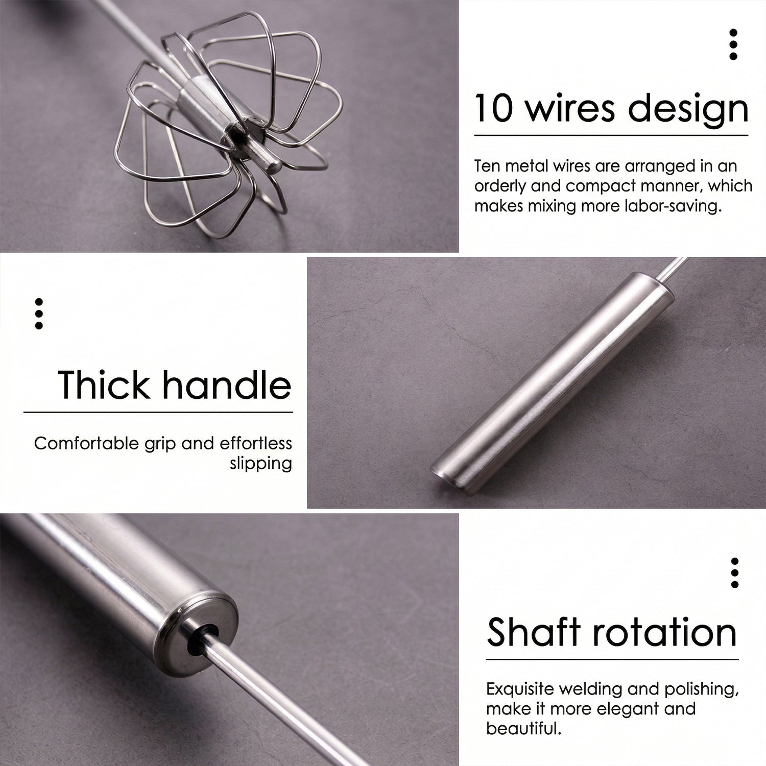 Stainless steel hand push rotary whisk by Wukusy, 29 cm, durable kitchen tool for mixing and whipping ingredients.