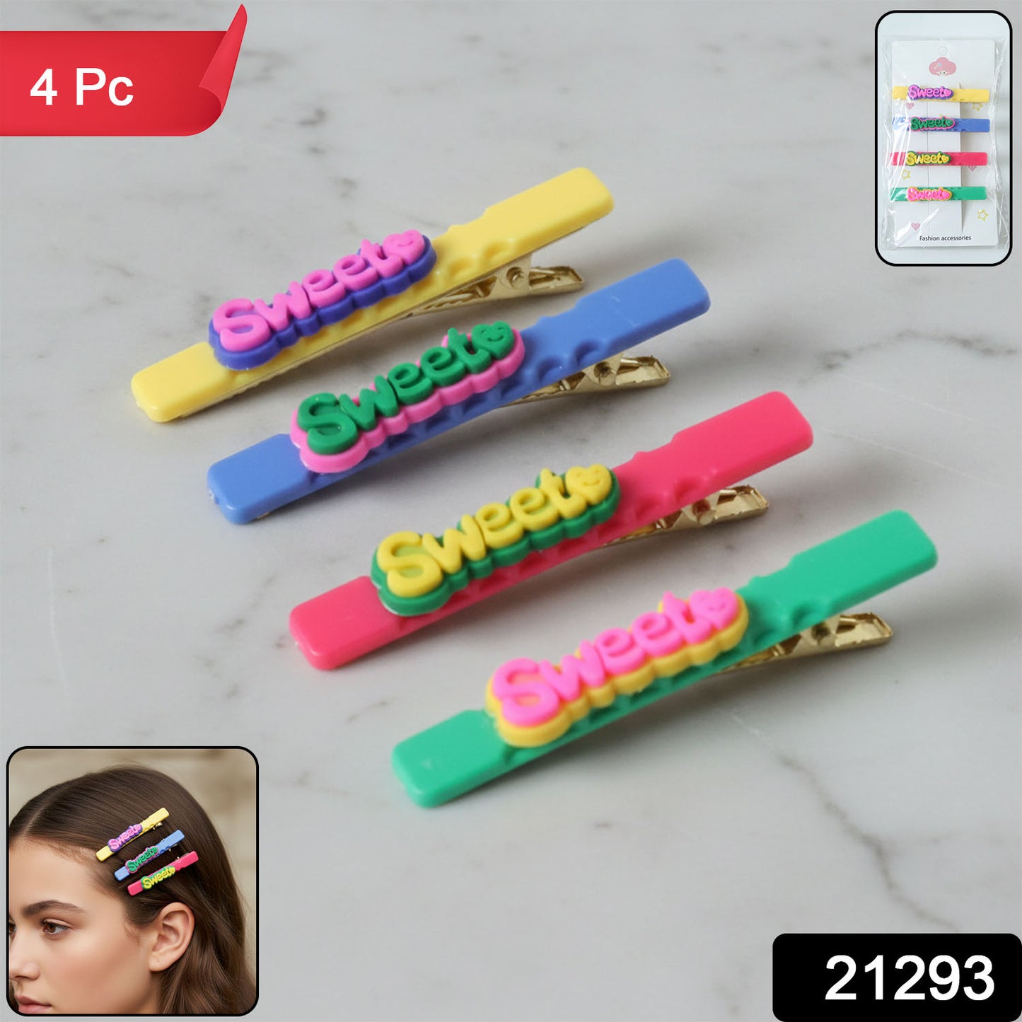 Set of four Wukusy decorative hair clips with sweet text designs, perfect for adding a charming touch to hairstyles.