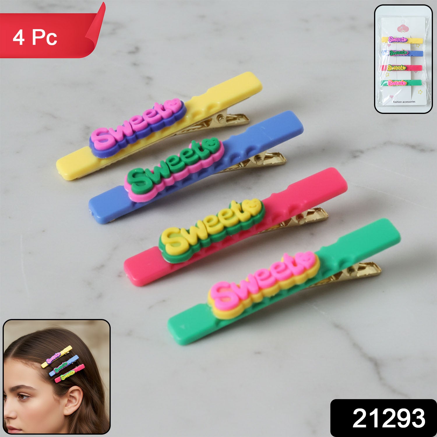 Set of four Wukusy decorative hair clips with sweet text designs, perfect for adding a charming touch to hairstyles.