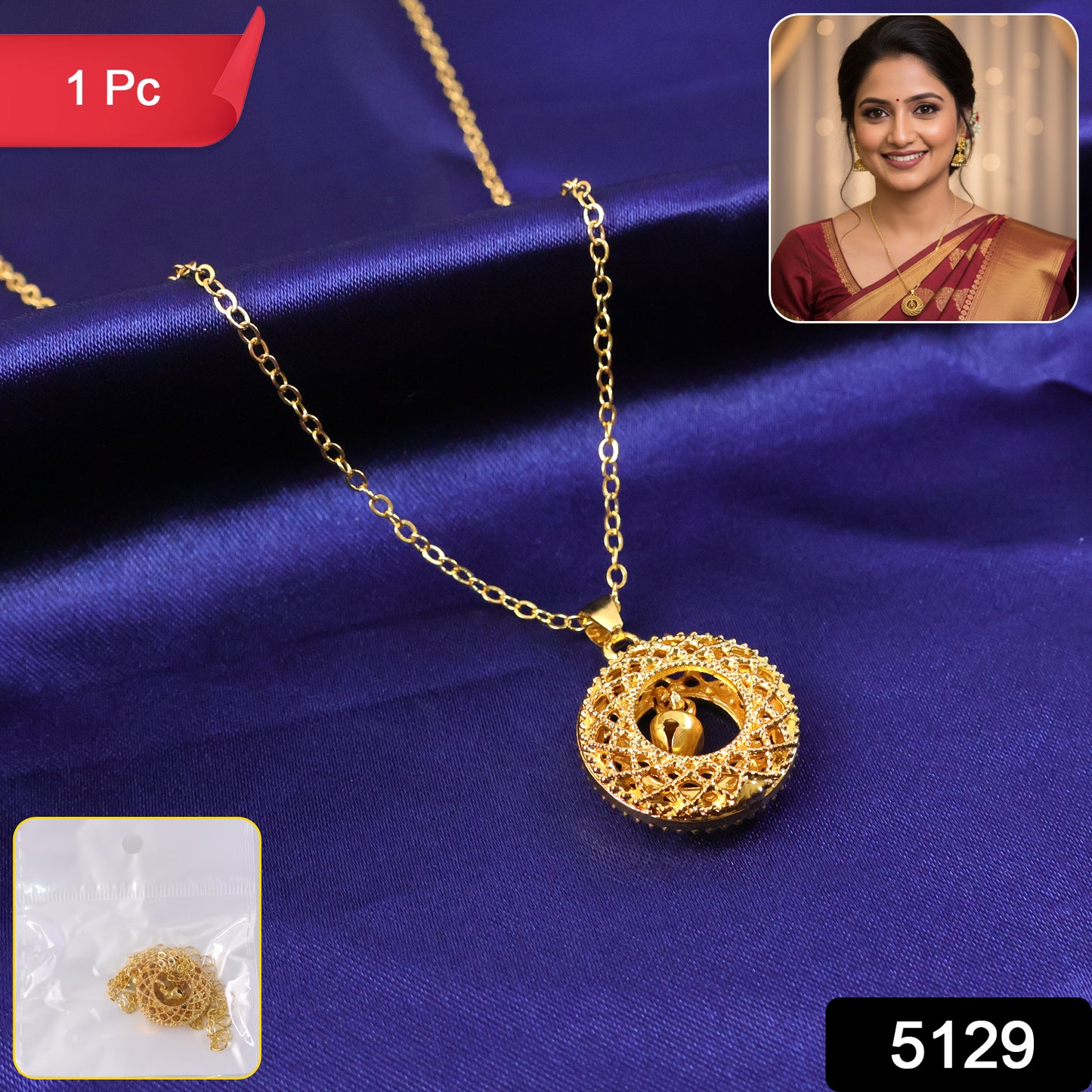 Traditional Gold-tone Round Jhumka Pendant Chain Necklace (1 Pc)