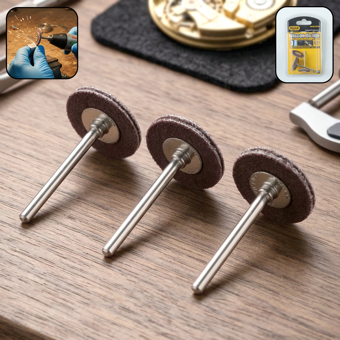Wukusy Wagtail Mini Rotary Tool Grinding Wheel Disc Set with metal shank, three-piece set for precise grinding and polishing tasks.