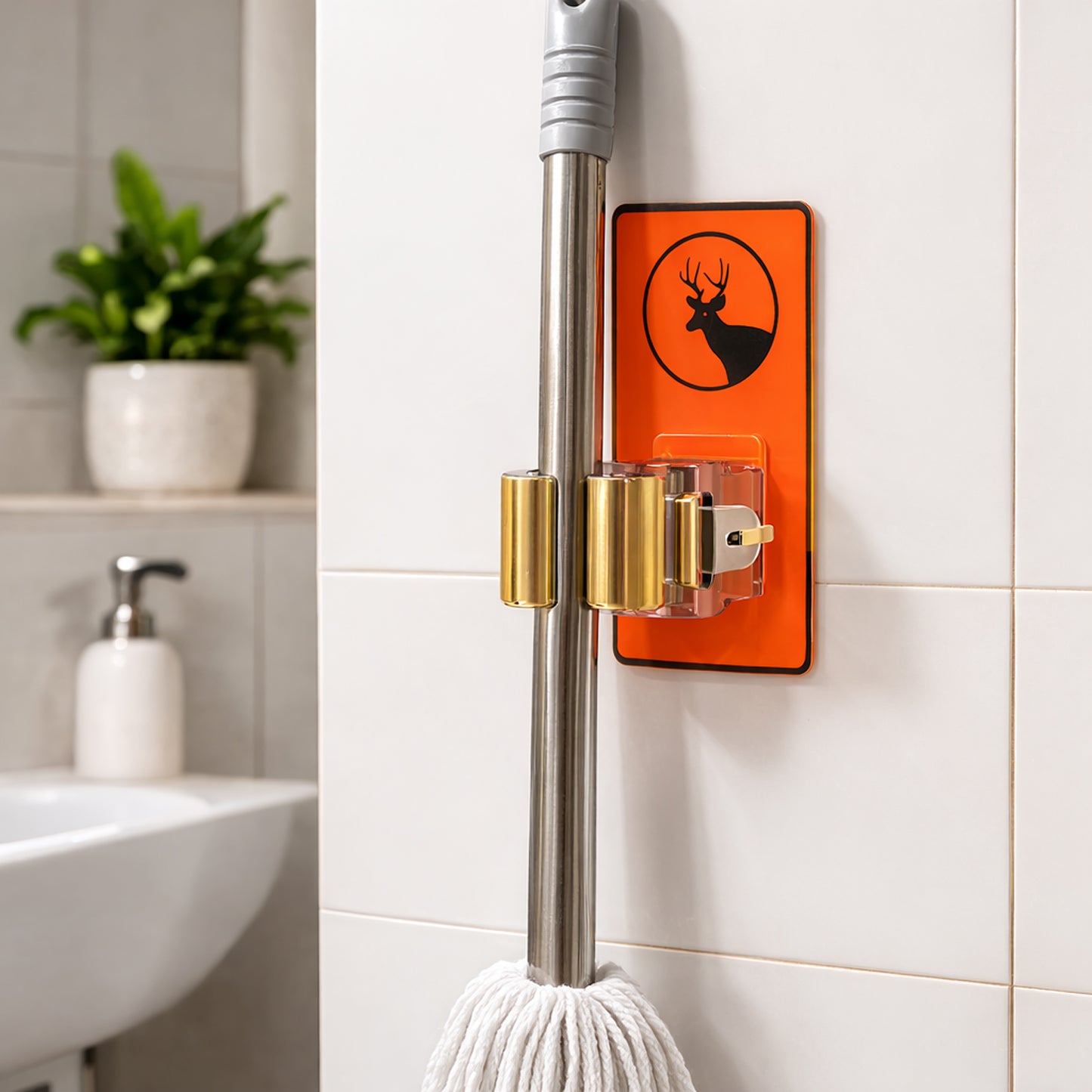 Wukusy wall-mounted mop holder clip for bathroom and kitchen, designed to hold brooms and mops securely on the wall.