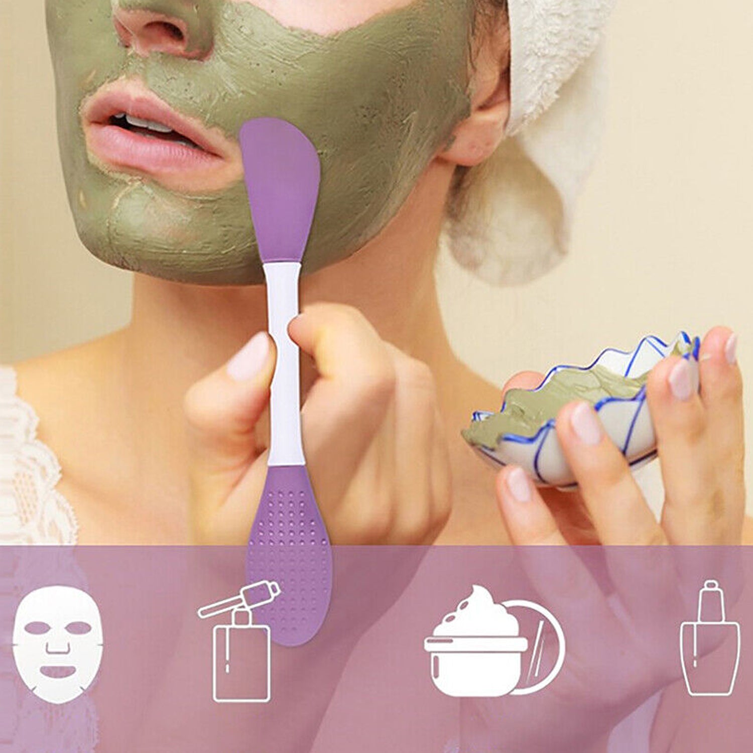 Wukusy double-headed silicone mask brush for facial cleansing, mud mask application, and facial scrubbing in health and beauty.