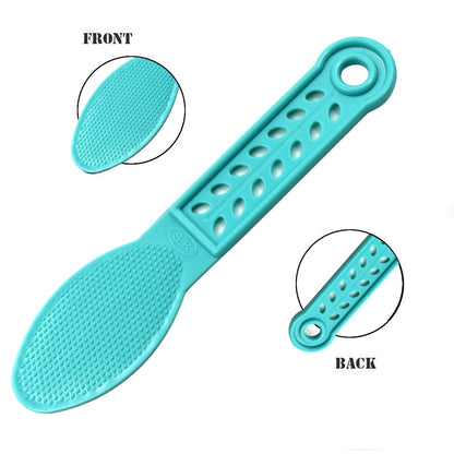 Wukusy plastic foot scrubber for pedicure and foot care, showing textured surface for exfoliating and cleaning feet.
