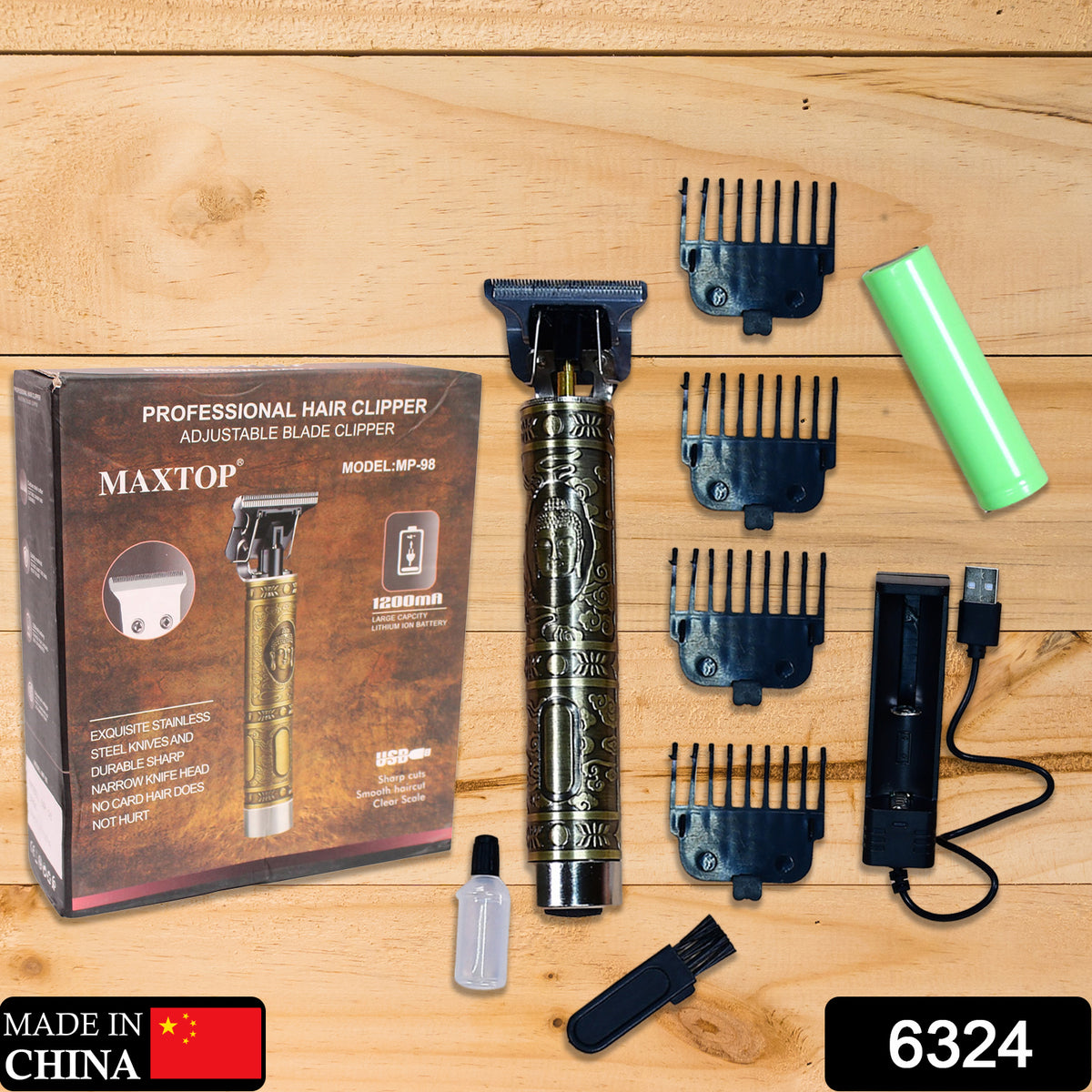 Wukusy 6324 men's hair trimmer with adjustable blade, professional hair clipper and shaver, black and silver design.