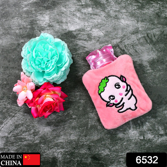 Pink cartoon hot water bag with cover by Wukusy, used for pain relief, neck, shoulder, hand, feet warming, and menstrual cramps.