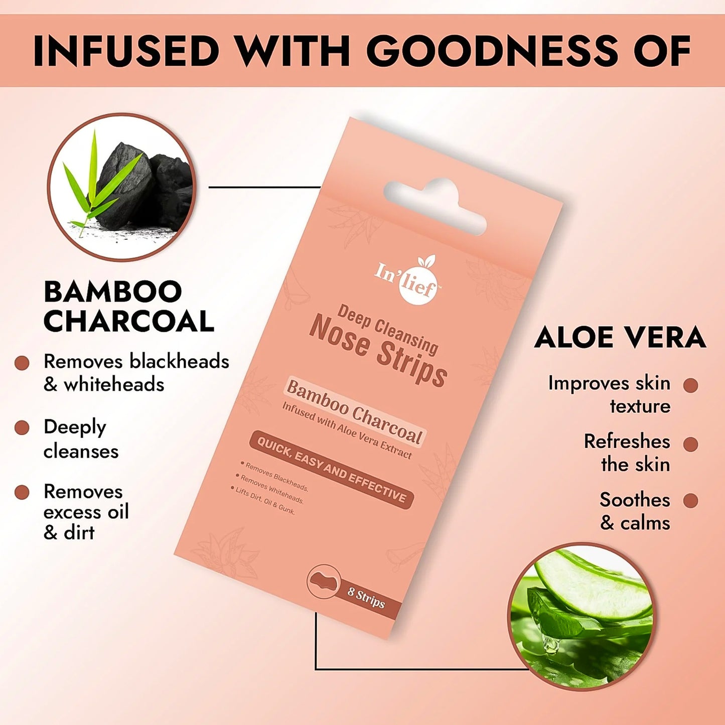 Wukusy Inlief Bamboo Charcoal Deep Cleansing Nose Strips, 8-pack, revealing a nose with removed blackheads and clear skin.