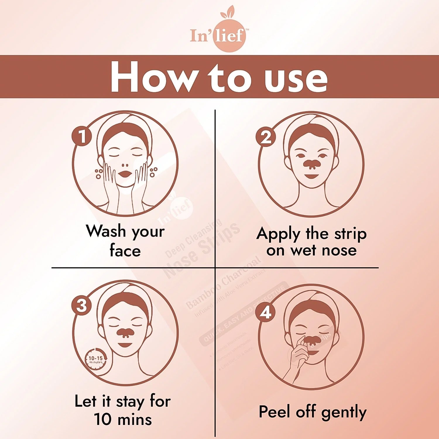 Wukusy Inlief Bamboo Charcoal Deep Cleansing Nose Strips, 8-pack, showing strips with bamboo charcoal for pore cleansing.