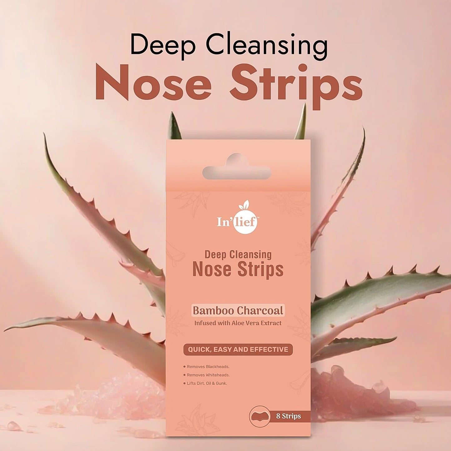 Wukusy Inlief Bamboo Charcoal Deep Cleansing Nose Strips, 8-pack, designed to remove blackheads and impurities from nose skin.