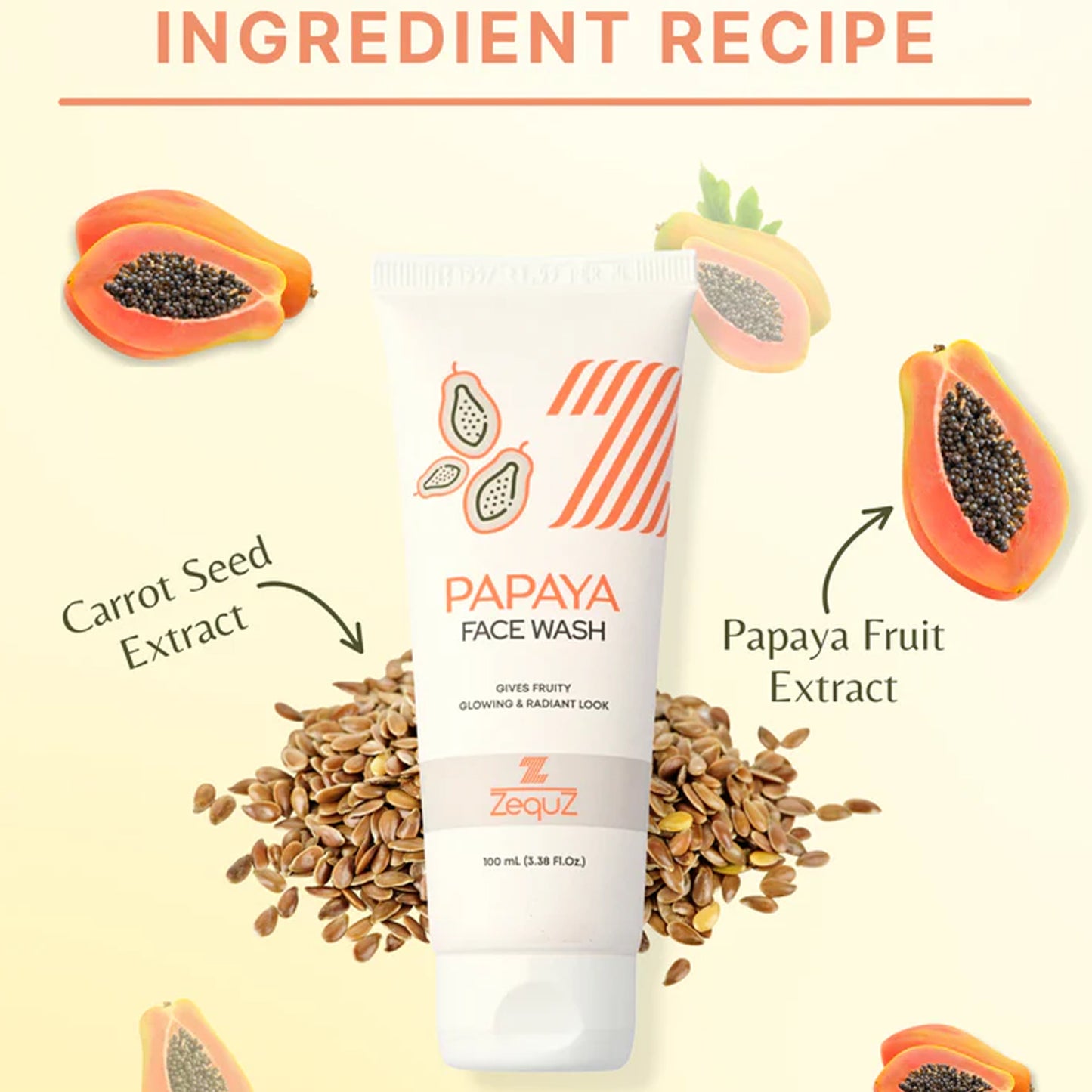 Zequz Papaya Face Wash by Wukusy in 100ml bottle, natural skincare product for cleansing and refreshing skin.
