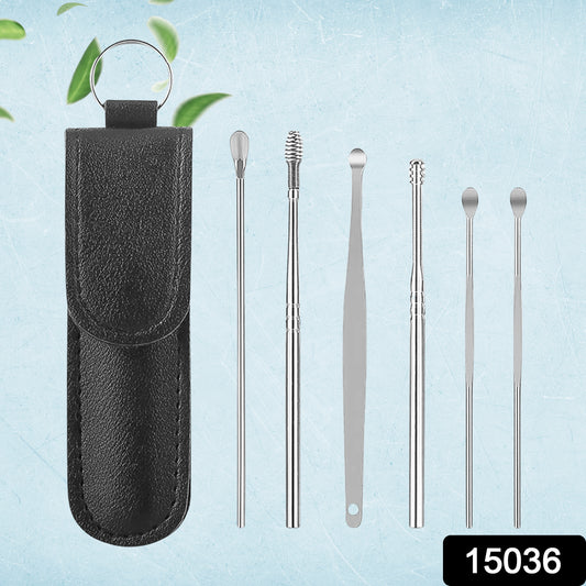 Wukusy 6-in-1 reusable ear wax cleaner set with various tools in a leather pouch, designed for safe ear cleaning and hygiene.