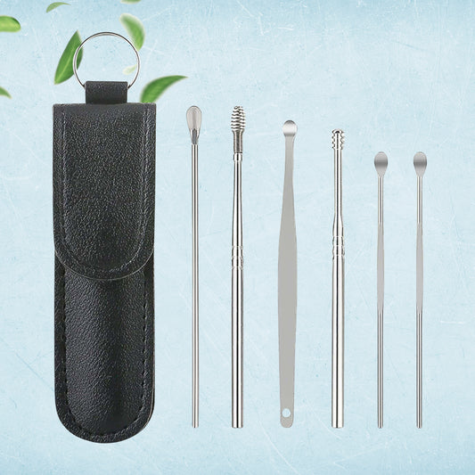 Wukusy 6-in-1 reusable ear wax cleaner tools with leather pouch, health care device for safe ear cleaning.
