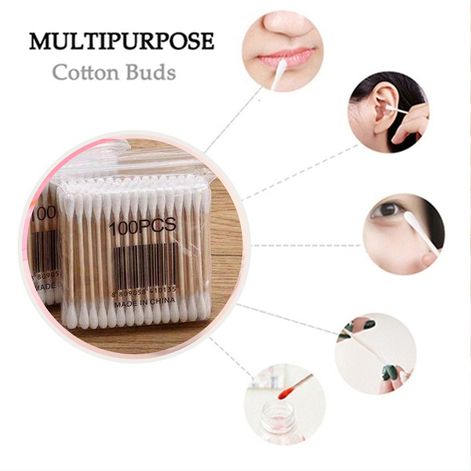 Wukusy bamboo cotton swabs with wooden handles, double-head eco-friendly cosmetic tool for makeup, ear cleaning, and wound care, pack of 20.
