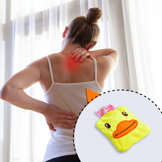 Yellow duck-shaped Wukusy small hot water bag with cover for pain relief, neck, shoulder, hand, foot warmth, and menstrual cramps.
