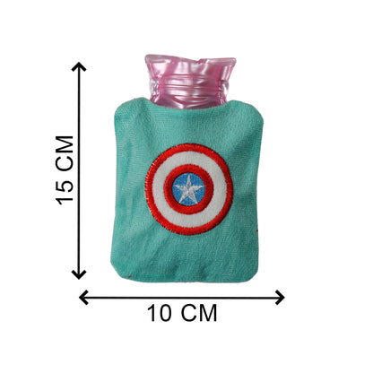 Small Captain America's shield-shaped hot water bag with cover, designed for pain relief, neck, shoulder, hand, feet warmth, and menstrual cramps.