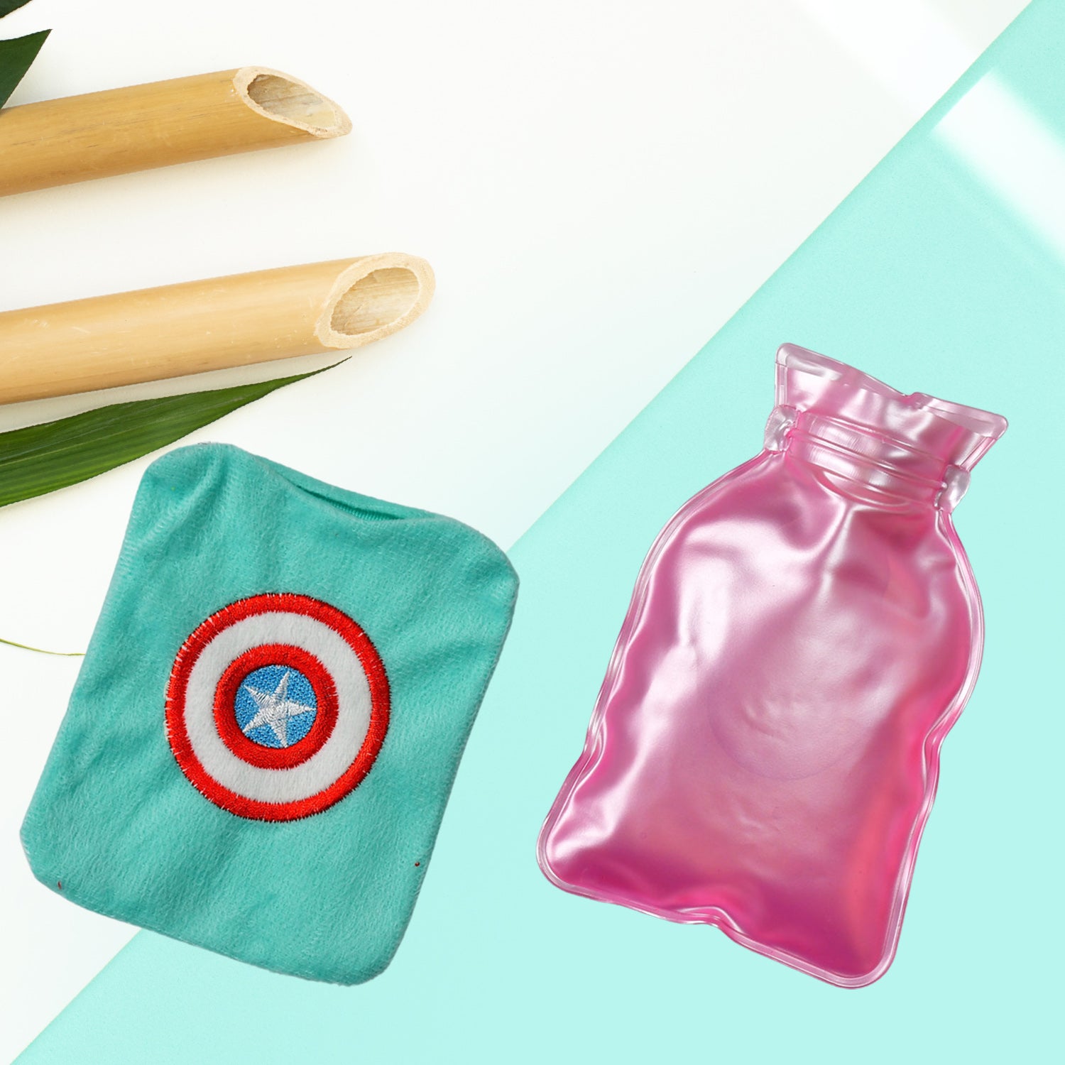 Wukusy Captain America's shield-shaped small hot water bag with cover for pain relief, neck, shoulder, hand, foot warmth, and menstrual cramps.