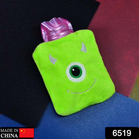 Green Wukusy One Eye Monster print small hot water bag with cover for pain relief, neck, shoulder, hand, foot warmth, and menstrual cramps.