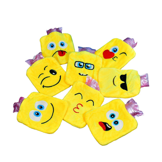 Wukusy small hot water bag with colorful emoji cover, designed for pain relief, neck, shoulder, hand, foot warmth, and menstrual cramps.