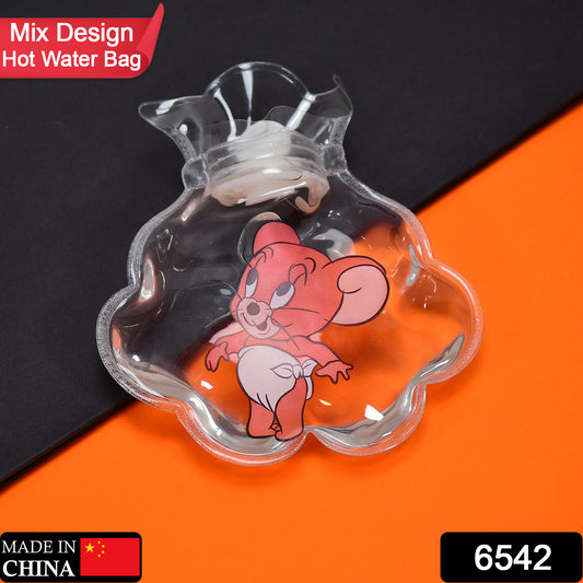 Wukusy small, transparent hot water bag with colorful design and cover for pain relief, neck, shoulder, hand, feet warmth, and menstrual cramps.