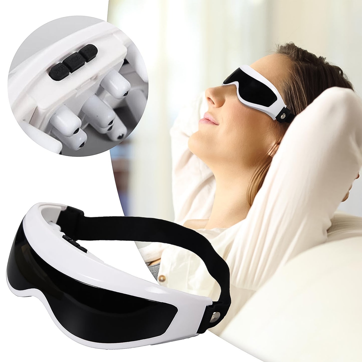 Wukusy electric eye massager with adjustable elastic band, designed for soothing eye care and relaxation.