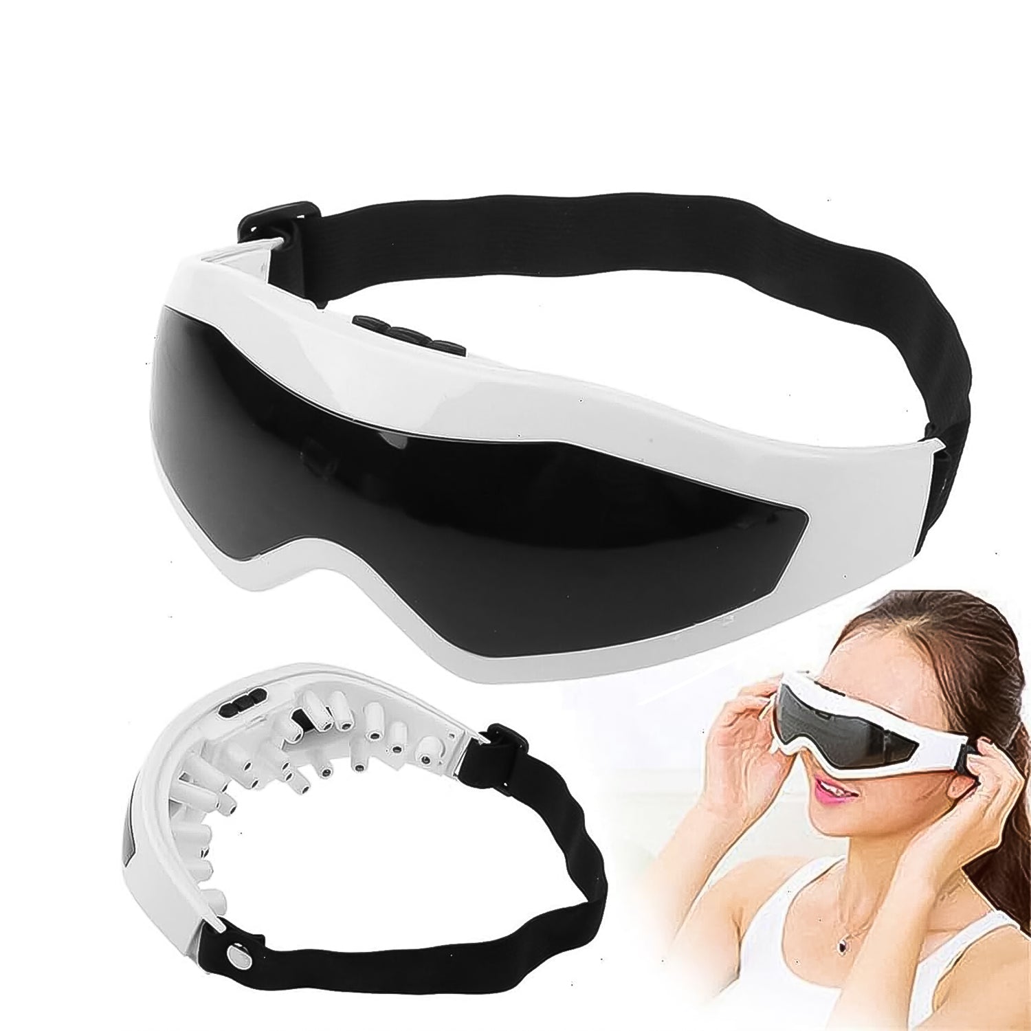 Wukusy electric eye massager with adjustable elastic band, designed for eye relaxation and health care.