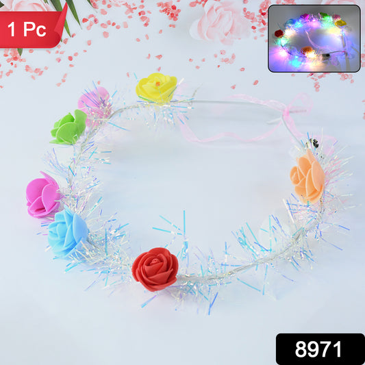 Wukusy LED flower crown headband with multicolor lights, designed for health care or festive wear, featuring vibrant illuminated flowers.