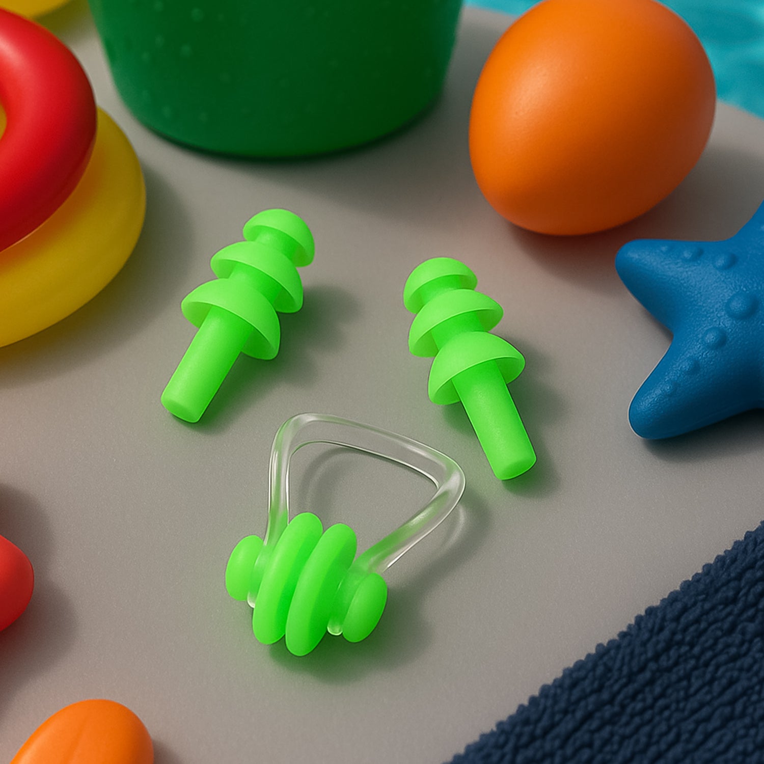 Wukusy swimming earplugs and nose clip set, 3-piece health care kit for water protection during swimming activities.