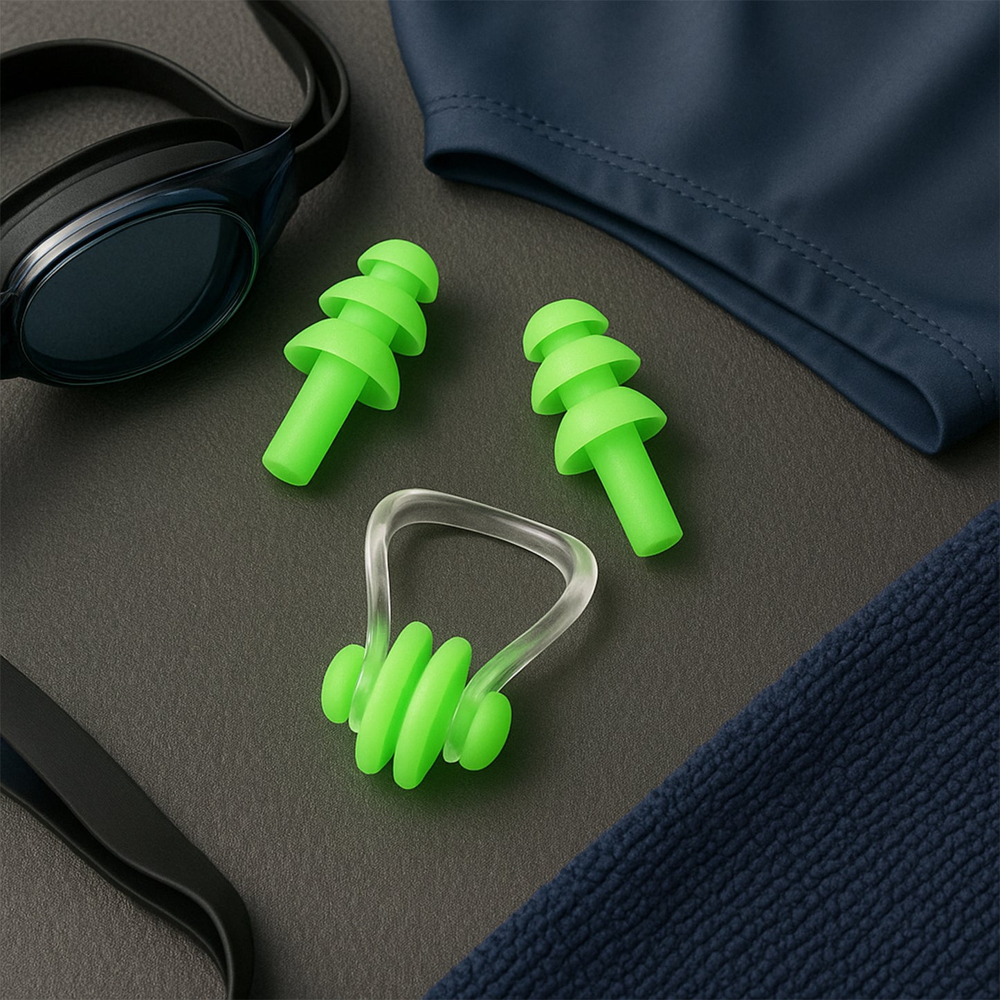 Wukusy swimming earplugs and nose clip set, 3-piece health care kit for water protection during swimming activities.