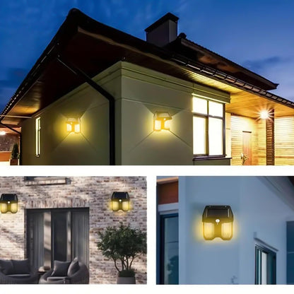 Wukusy outdoor solar wall lamp, waterproof garden villa night light with double lamps, ideal for outdoor home decor and garden lighting.