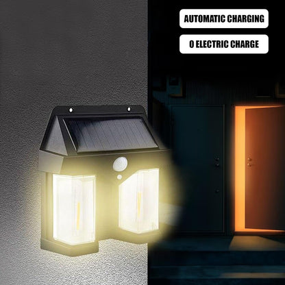 Wukusy outdoor solar wall lamp, waterproof garden villa night light with double lamps, induction sensor, ideal for home garden decor