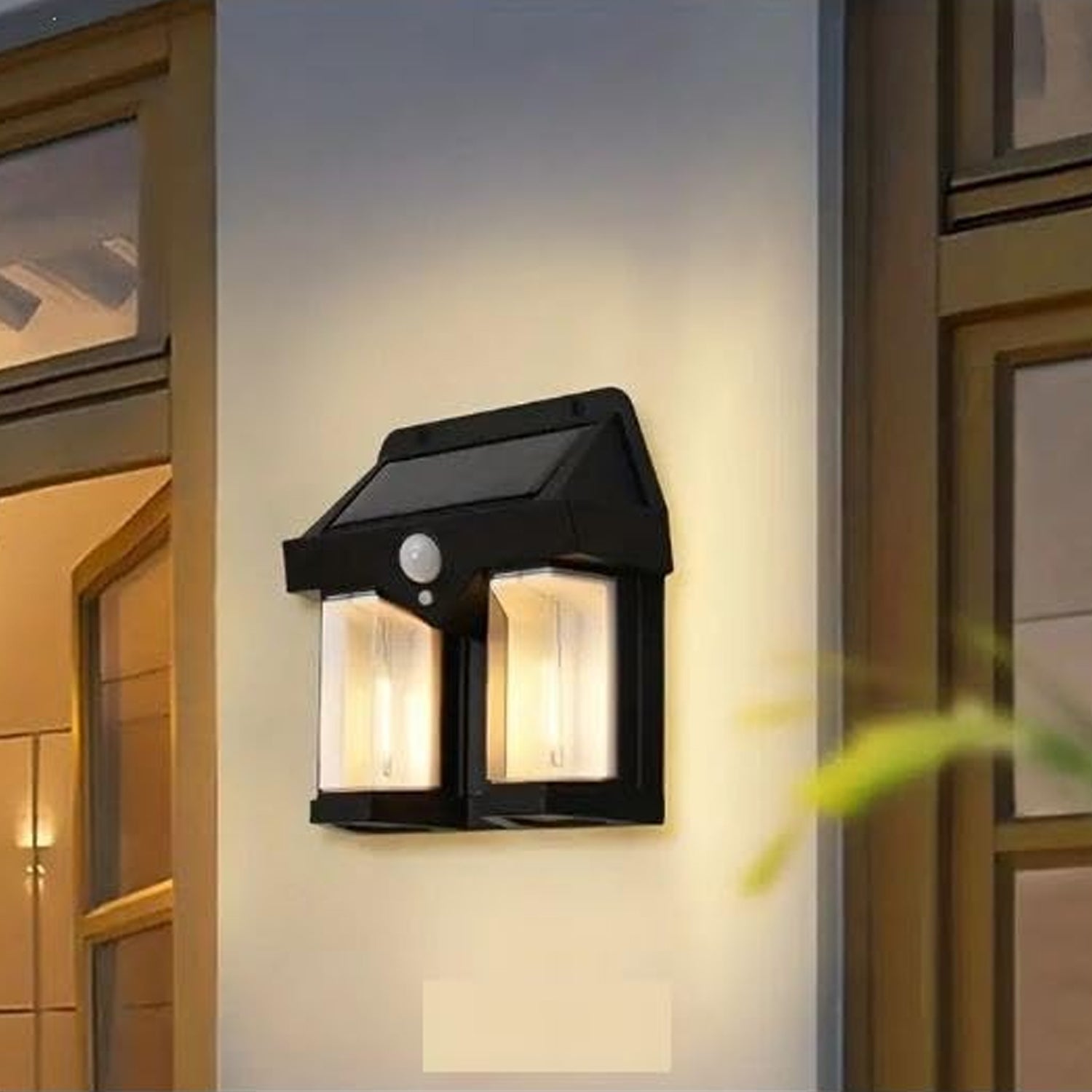 Wukusy outdoor solar wall lamp, waterproof garden villa night light with double lamps, ideal for outdoor home decor.