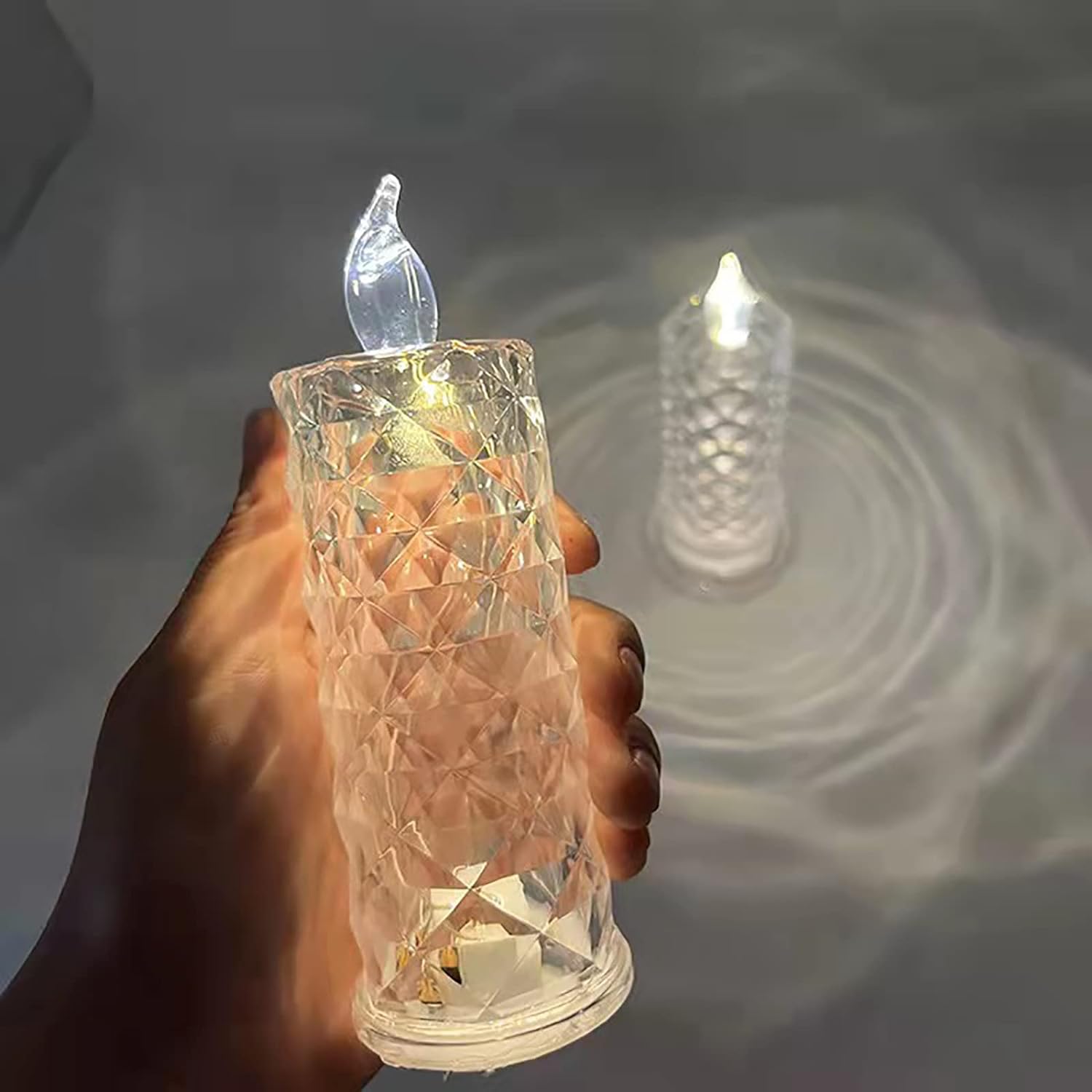 Wukusy rose LED flameless candle in clear acrylic, decorative tea light perfect for home decor, gifting, Diwali, or Christmas.