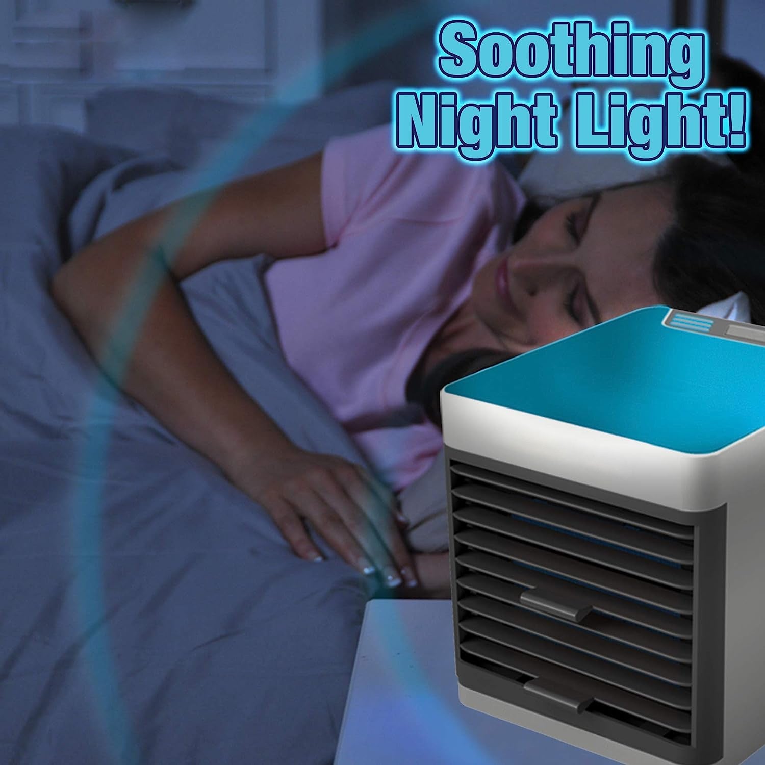 Wukusy 1464 Mini Portable Air Cooler with LED mood lights, easy water filling, compact design for home or office cooling.