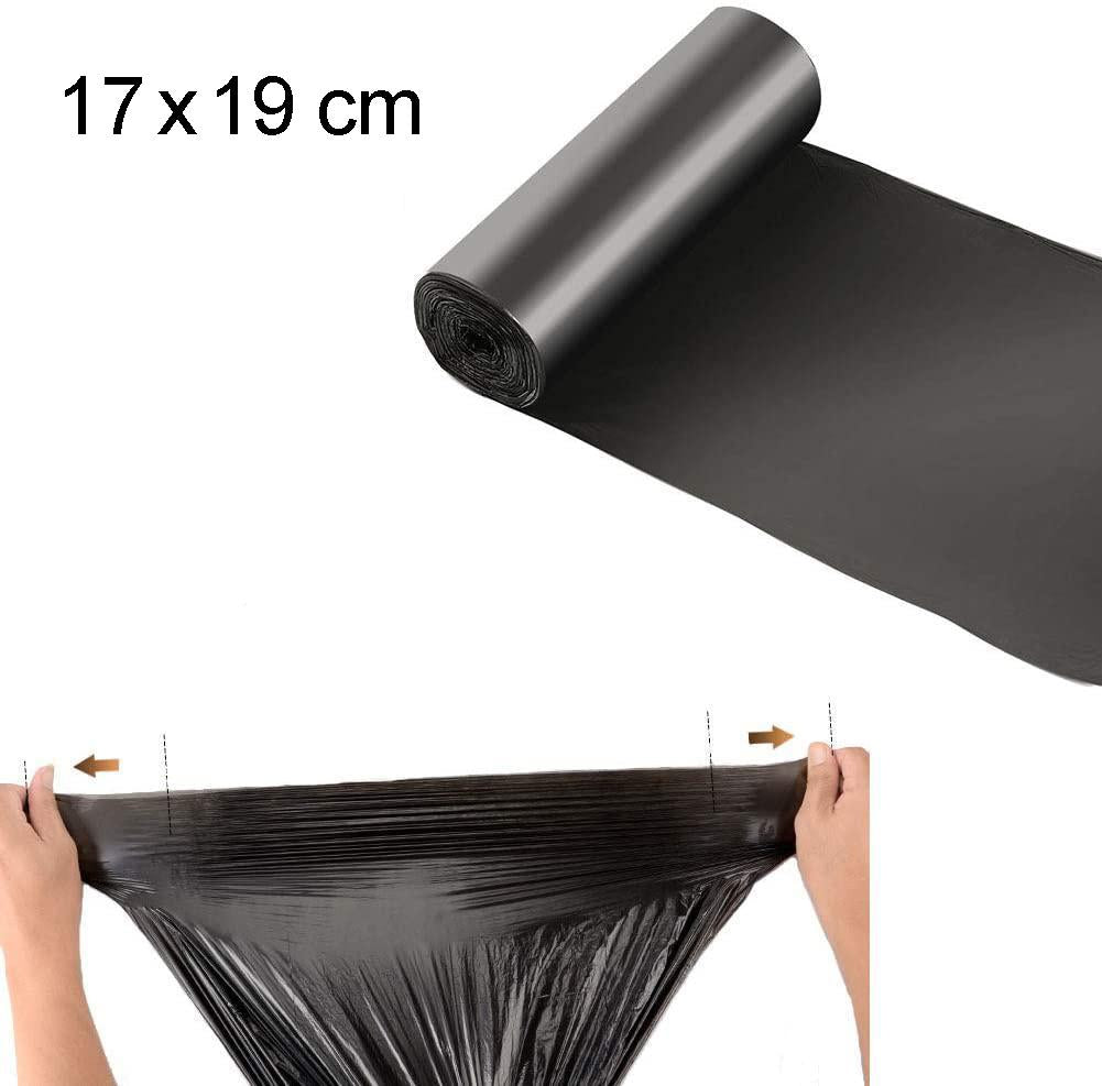 Black small-sized Wukusy garbage bags, 17x19 inches, suitable for home waste disposal, shown in a household setting.
