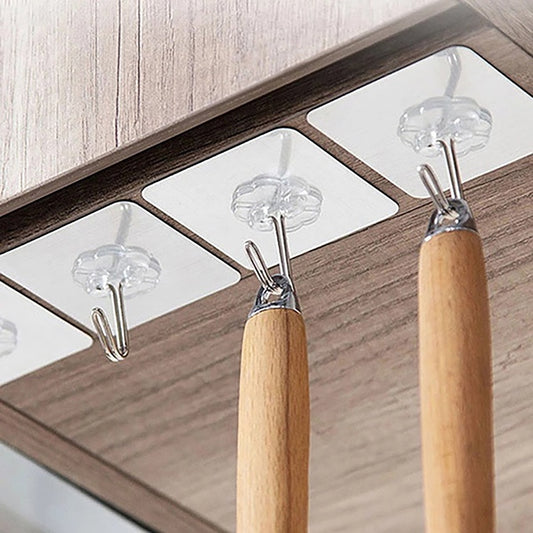 Wukusy 1689 stainless steel adhesive wall hooks, small and strong, ideal for home improvement and versatile wall mounting.