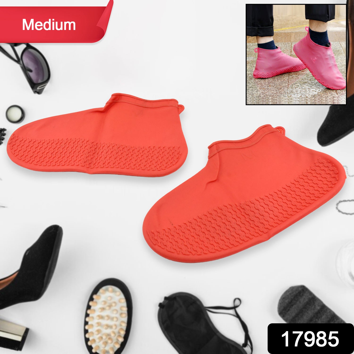 Red Wukusy waterproof silicone rain boot covers with non-slip sole, reusable anti-skid design, medium size, for shoe protection.