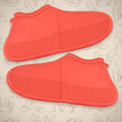 Red Wukusy non-slip silicone rain boot shoe covers, waterproof and reusable, designed for anti-skid protection in medium size.