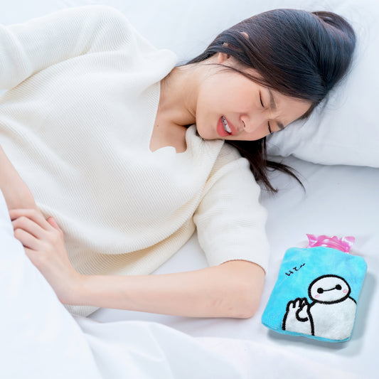 Wukusy Blue Baymax small hot water bag with cover, used for pain relief, neck, shoulder, hand, feet warmth, menstrual cramps.