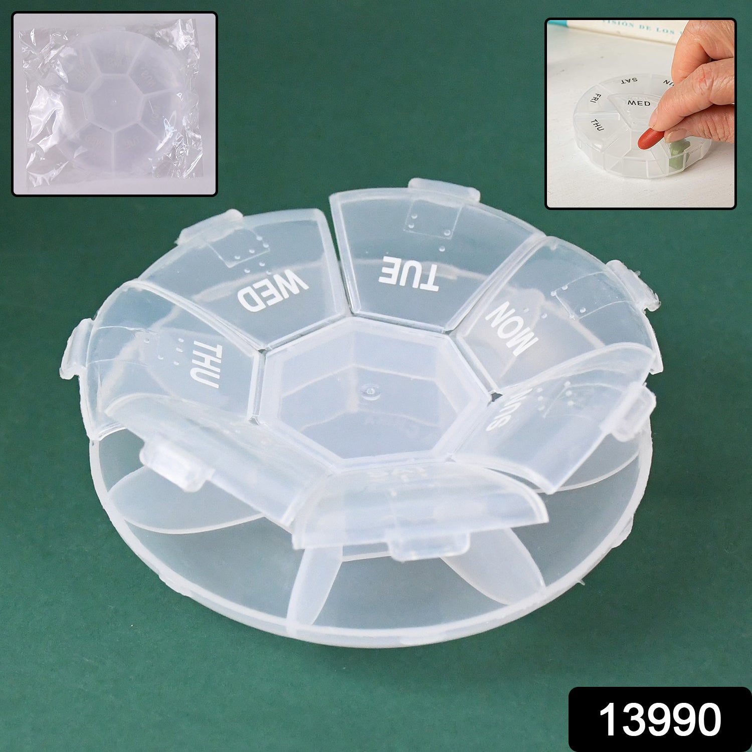 Wukusy 7-sided portable pill box and medicine planner, small case with individual compartments for organizing pills at home.