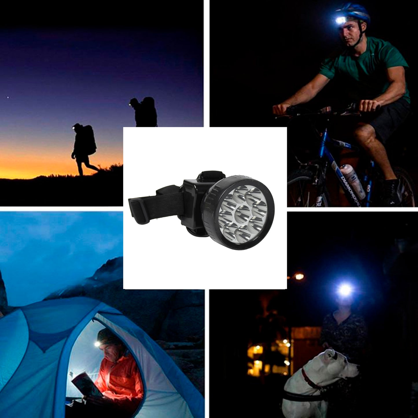 Wukusy 7520 Head Lamp with 9 LED lights, rechargeable, long-range beam, adjustable for farmers, fishing, camping, hiking, and cycling.