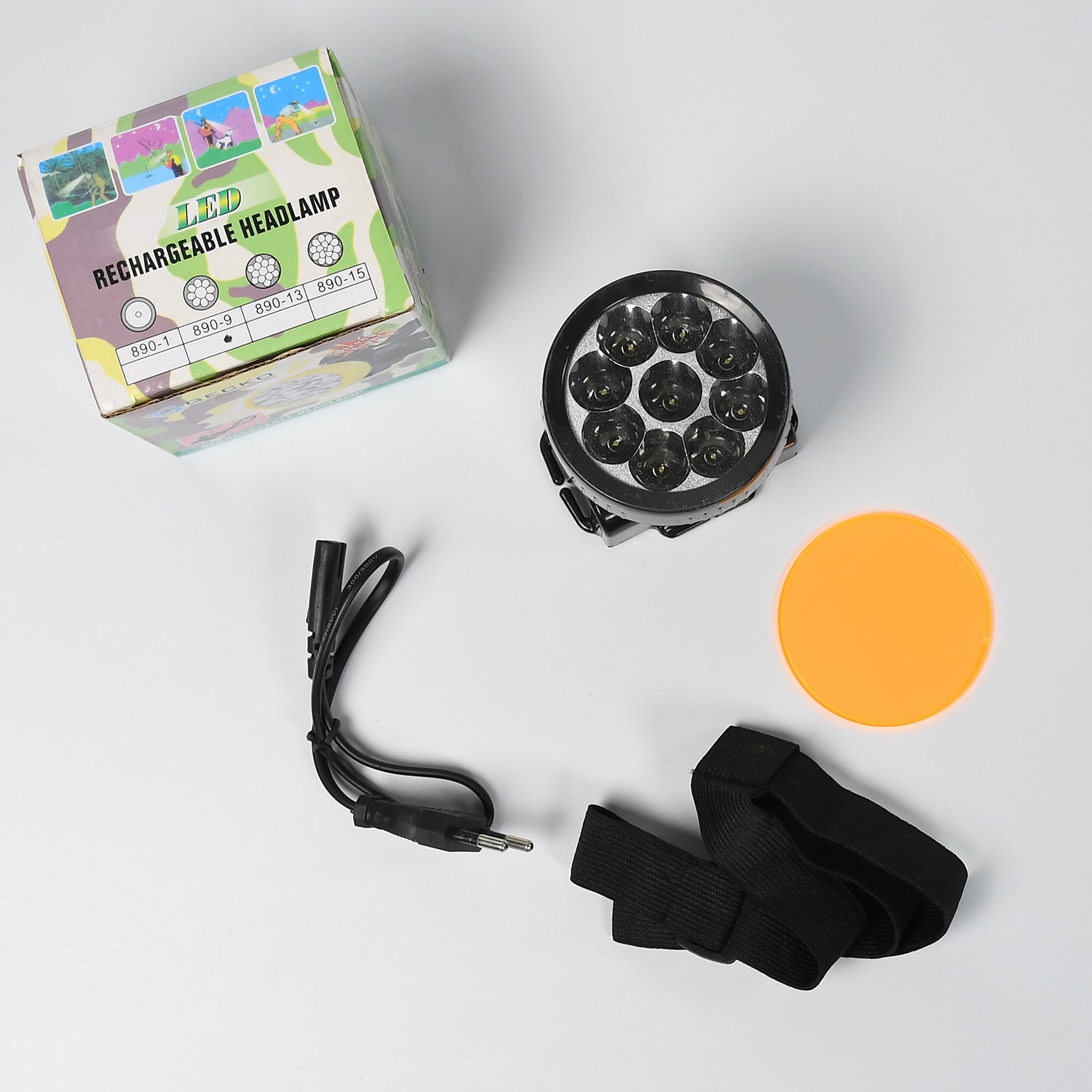 Wukusy 7520 Head Lamp with 9 LED, rechargeable, adjustable for farmers, fishing, camping, hiking, trekking, and cycling activities.