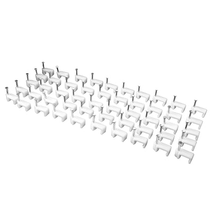 Set of 50 Wukusy 8mm nail cable clips for home improvement, used to secure electrical cables neatly along walls or surfaces.