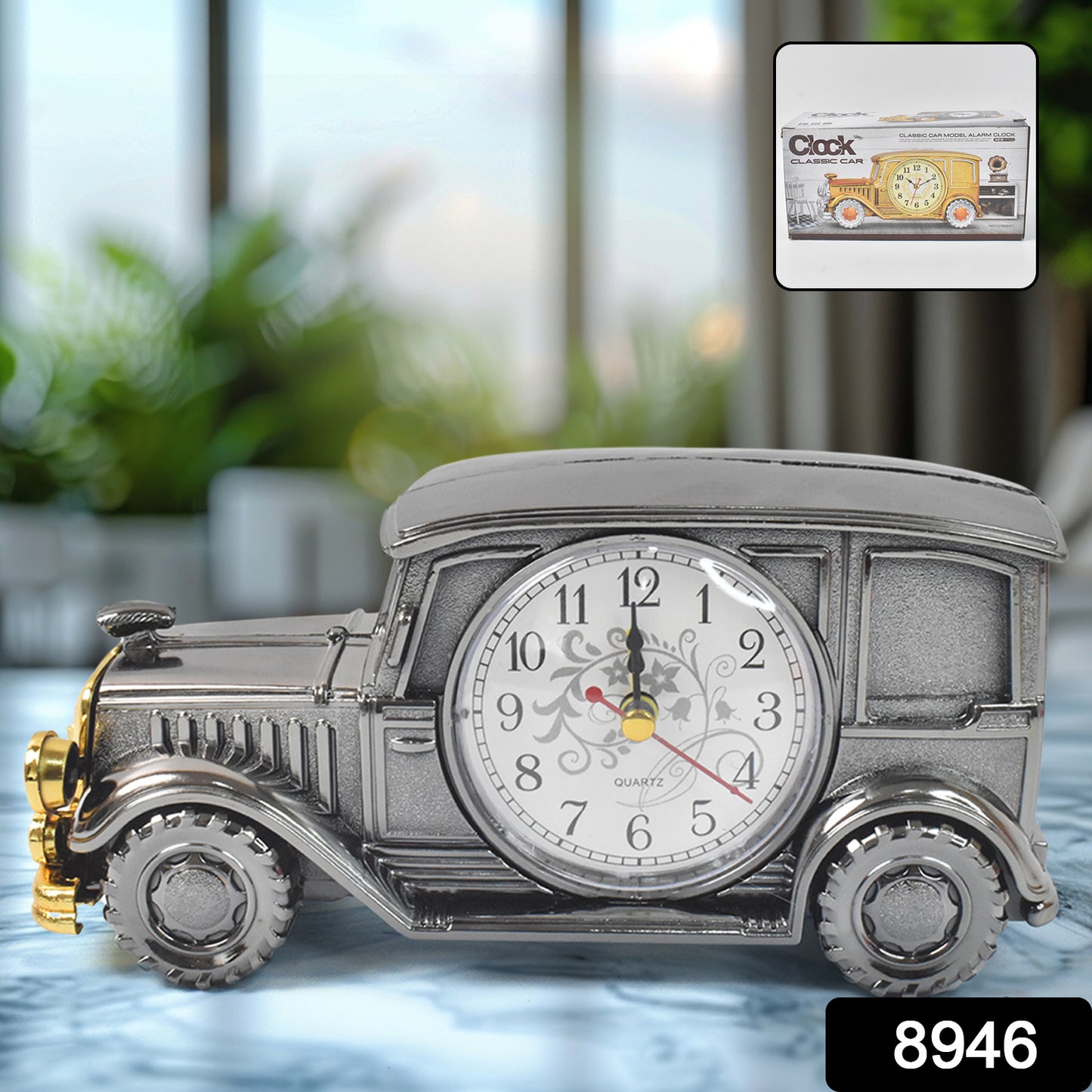 Wukusy car model clock and pen holder made of ABS material, suitable for office desk or bedroom decor.